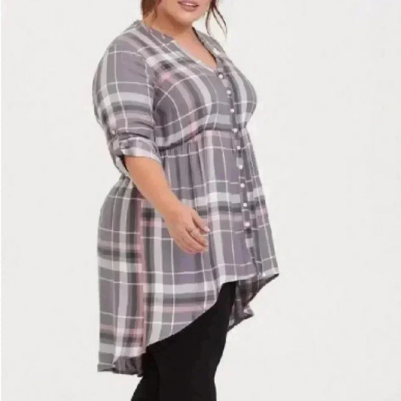 Torrid Purple and Gray Plaid V-Neck Cuffed Sleeve Top, 2x - Picture 1 of 11